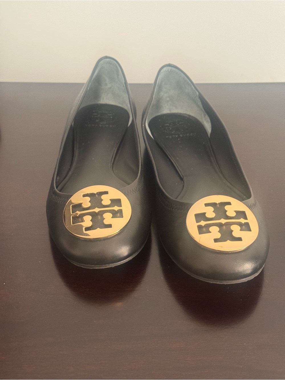 Tory Burch Black Leather Flats with Gold Logo Medallions